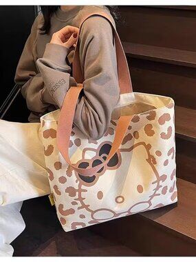 HELLO KITTY Rust Brown & White Canvas Tote Shopping Bag (NEW & SO CUTE!)